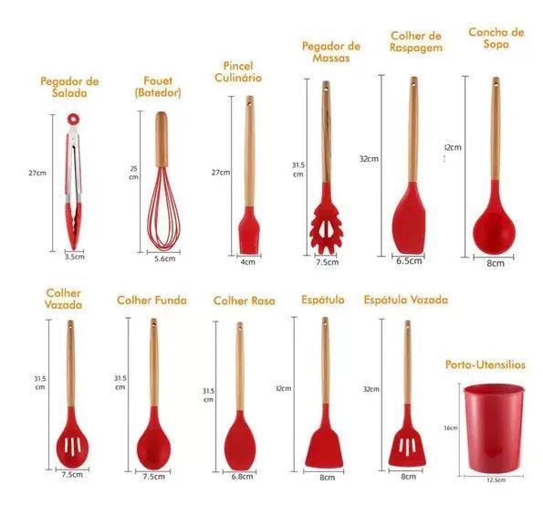 Kit Jogo 12 Peças Utensílios de Cozinha Silicone e Antiaderente